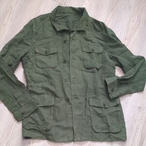 Gutteridge Linen Blend Field Jacket Olive Pockets Long Sleeve Button Collar Zip